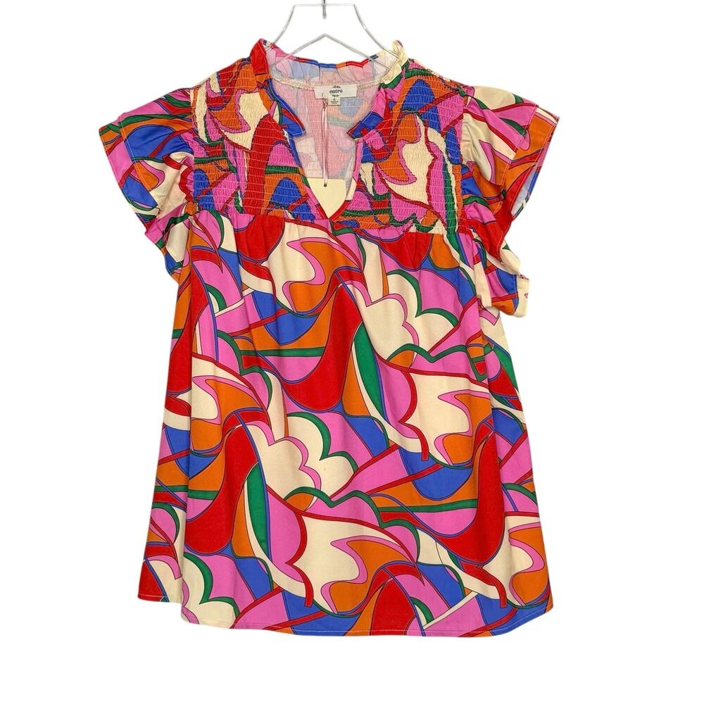Entro Geo Print Smocked VNeck Ruffle Sleeve Top S NEW Multicolor Floral Abstract